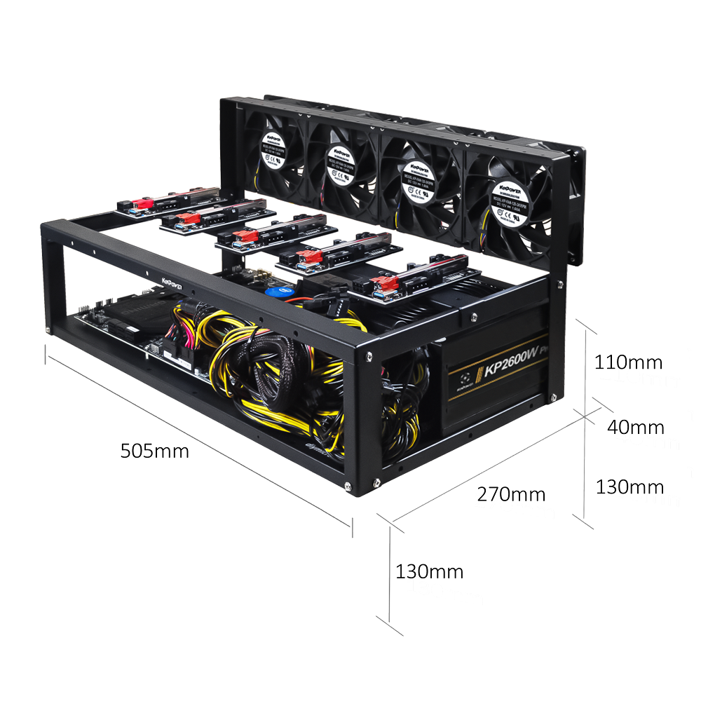 Rig Minage Plateforme Ouverte Sans GPU Avec Alimentation 2600W - 8G Ram - 500G SSD - 4 Fan Supportant Jusqu'à 5 GPU
