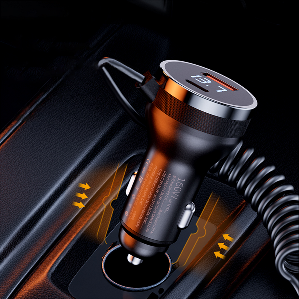 Chargeur Allume Cigare Multi 2 Port USB QC et PD 6A 160W avec Cable Spiralé pour Lightning et USB C