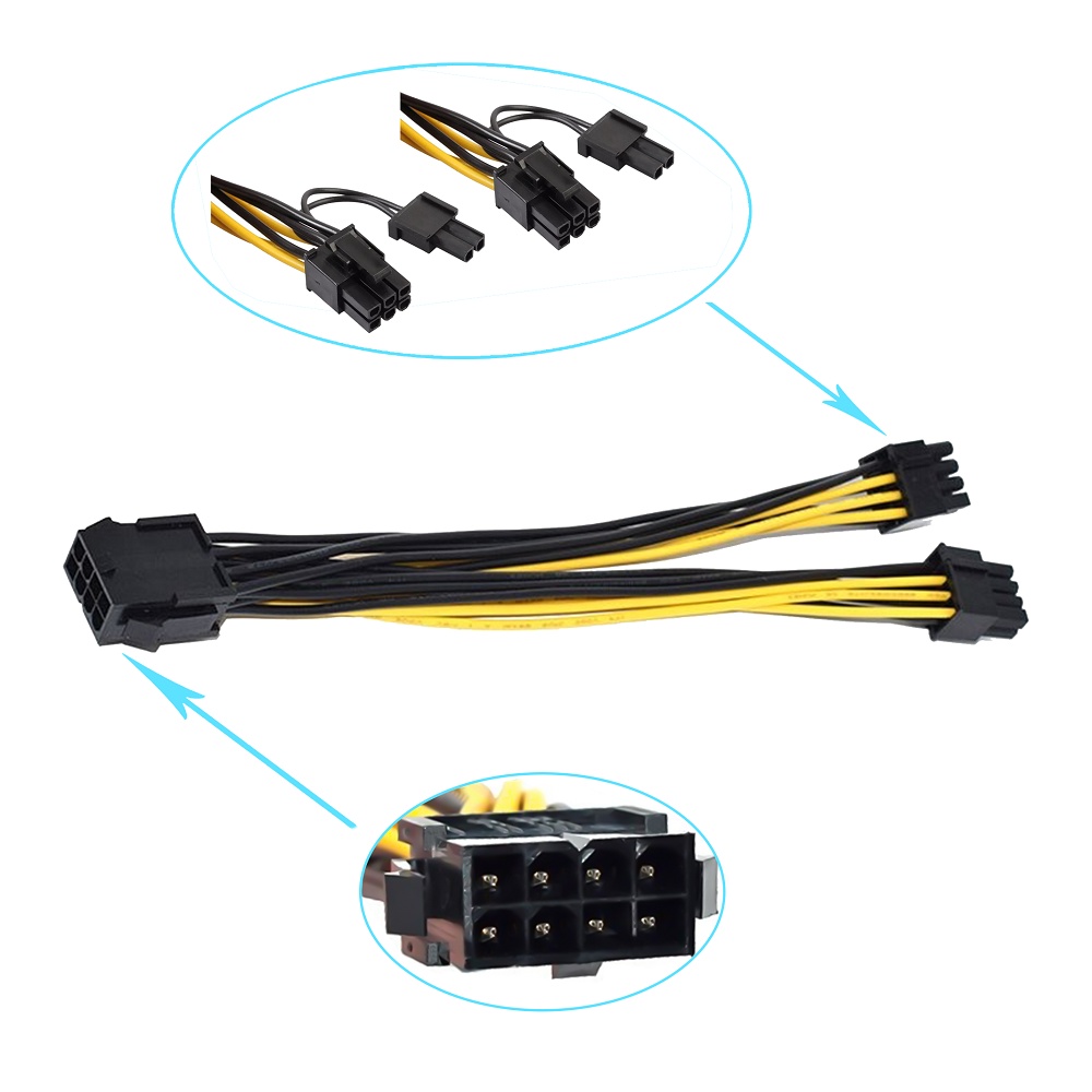 Câbles d'alimentation PCI-E 8 broches Femelle vers double 8 broches (6+2) Mâle 30cm