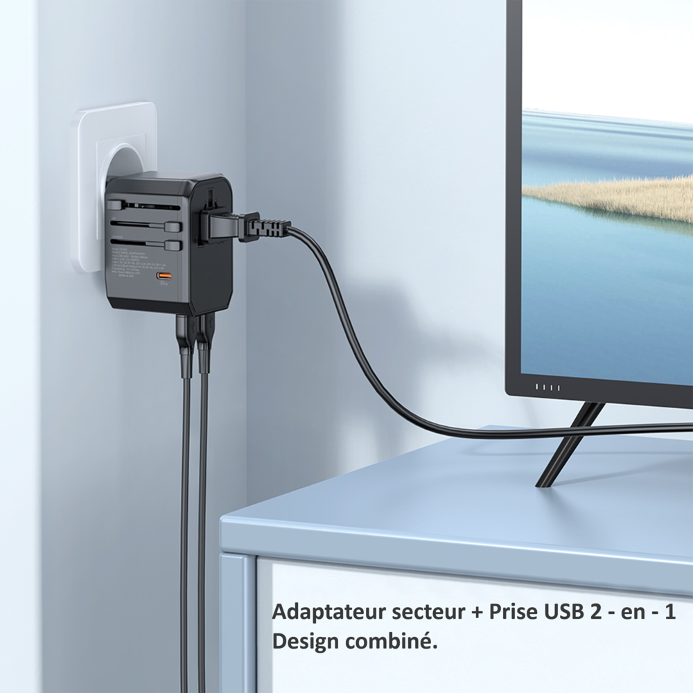 Adaptateur de Voyage Prises Internationnal avec 1 USB C PD et 2 USB A