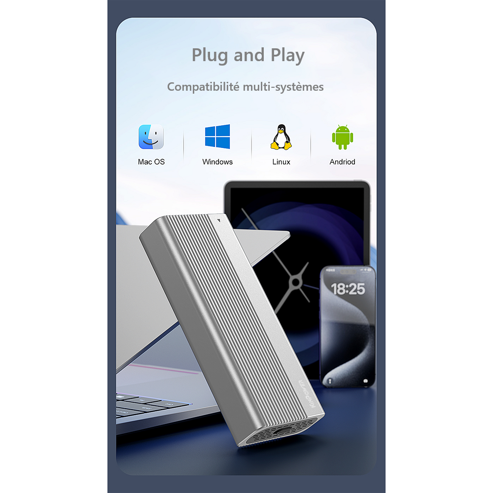 Boîtier externe pour SSD M.2 Nvme M Key USB C Thunderbolt 4 40Gbps