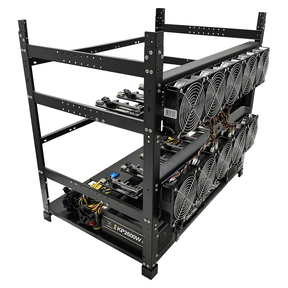 Rig Minage Plateforme Ouverte Sans GPU Avec Alimentation 5200W - 8G Ram - 500G SSD - 10 Fan - Supportant Jusqu'à 12 GPU