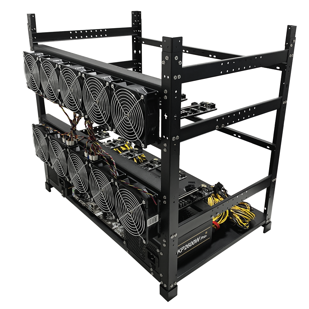 Rig Minage Plateforme Ouverte Sans GPU Avec Alimentation 5200W - 8G Ram - 500G SSD - 10 Fan - Supportant Jusqu'à 12 GPU