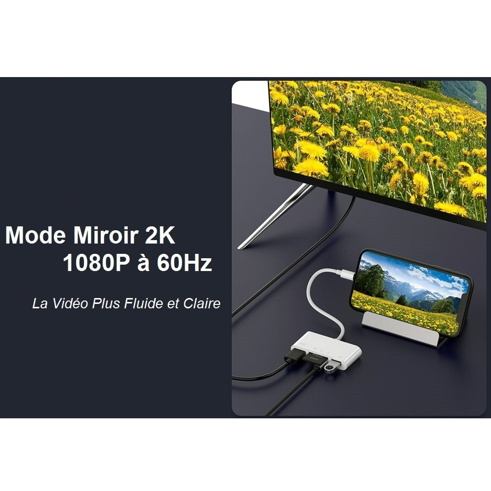 Adaptateur Concentrateur Lightning vers HDMI Full HD 1080P,USB 2.0, Lecteur SD, Lightning Charger 5 en 1