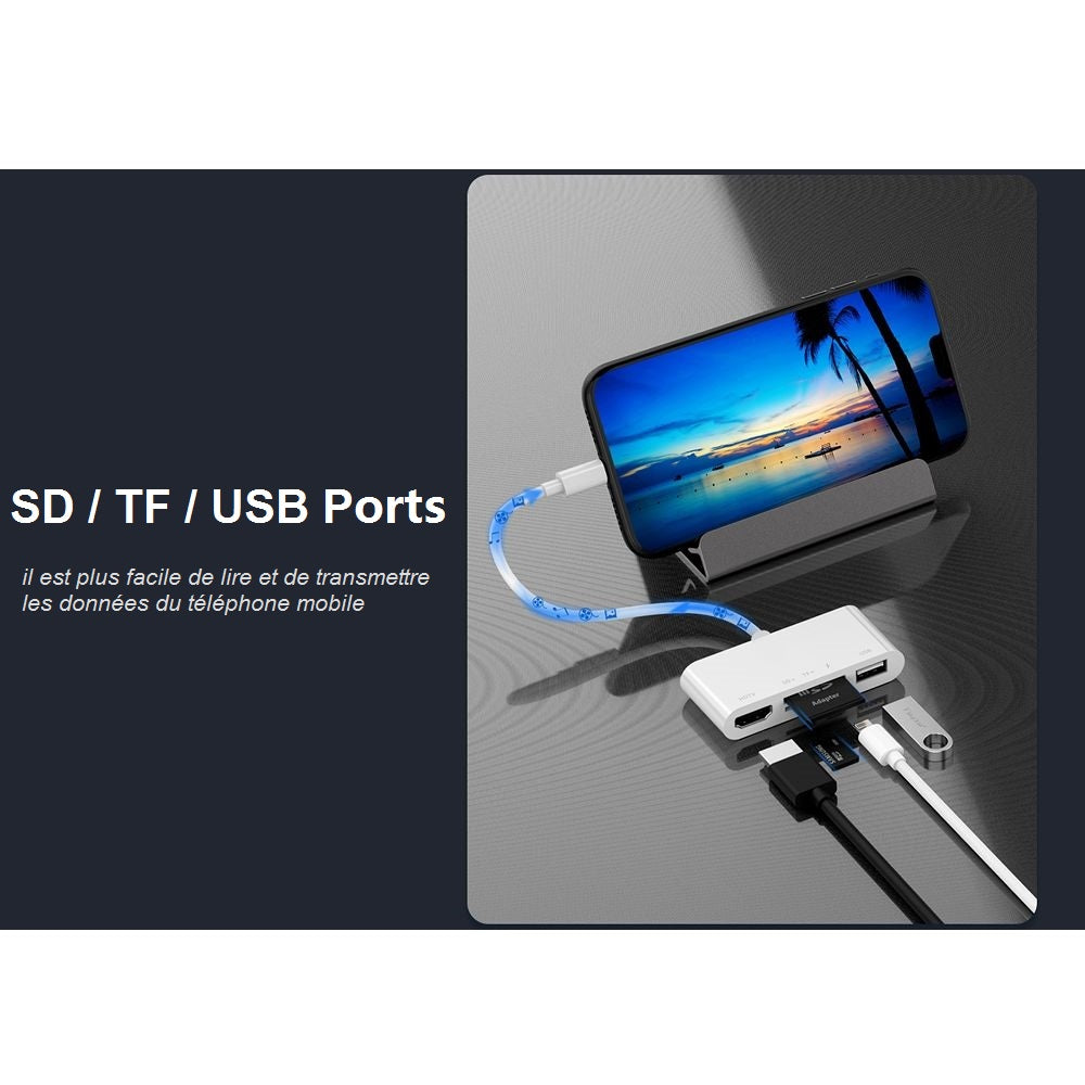 Adaptateur Concentrateur Lightning vers HDMI Full HD 1080P,USB 2.0, Lecteur SD, Lightning Charger 5 en 1