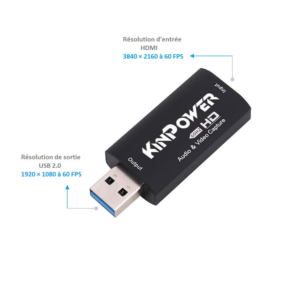 Kinpower Adaptateur Capture Vidéo 60FPS Full HD 1080p Enregistrement HDMI vers USB 2.0