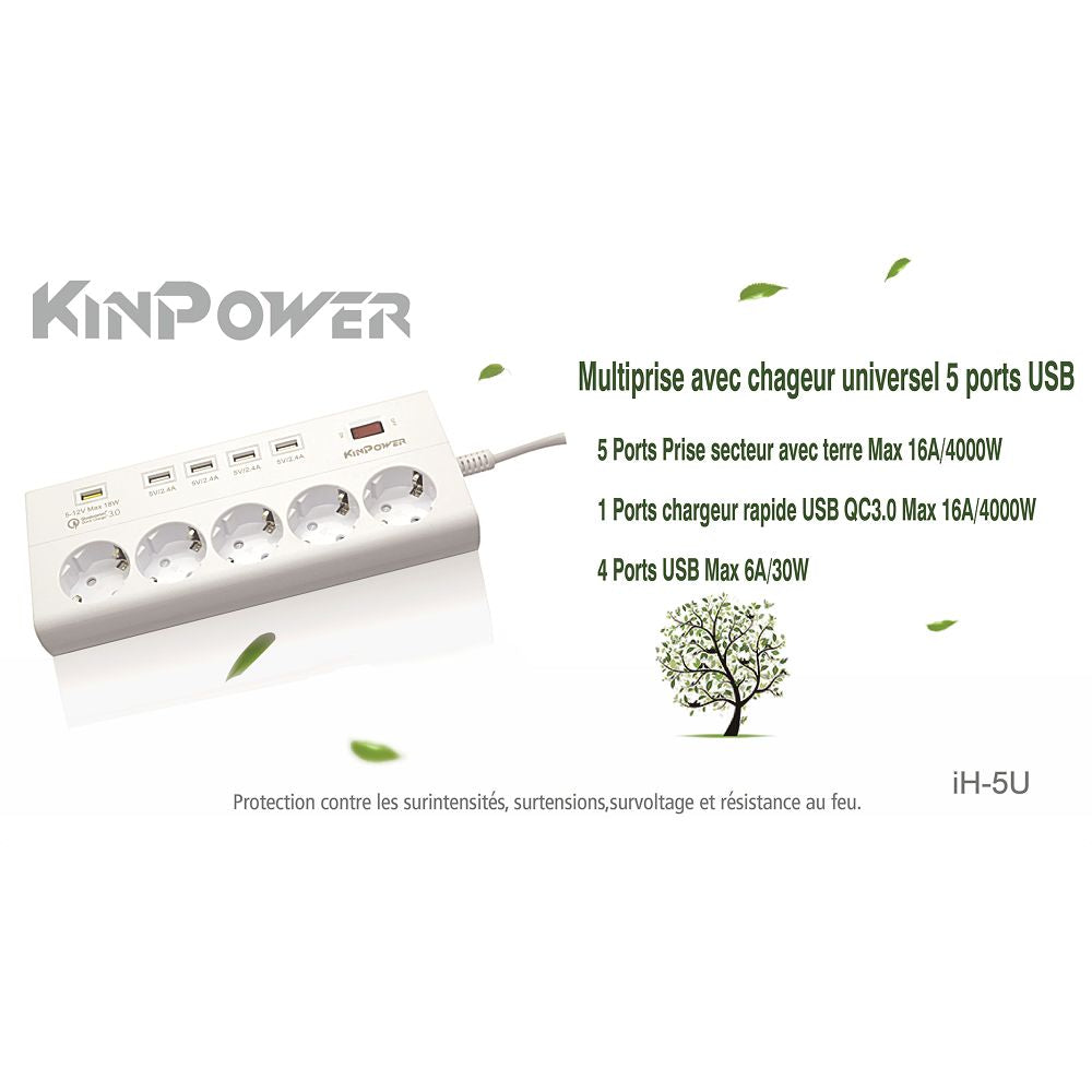 Multiprise parasurtenseurs 5 prises 4 USB 1 Ports QC avec interrupteur