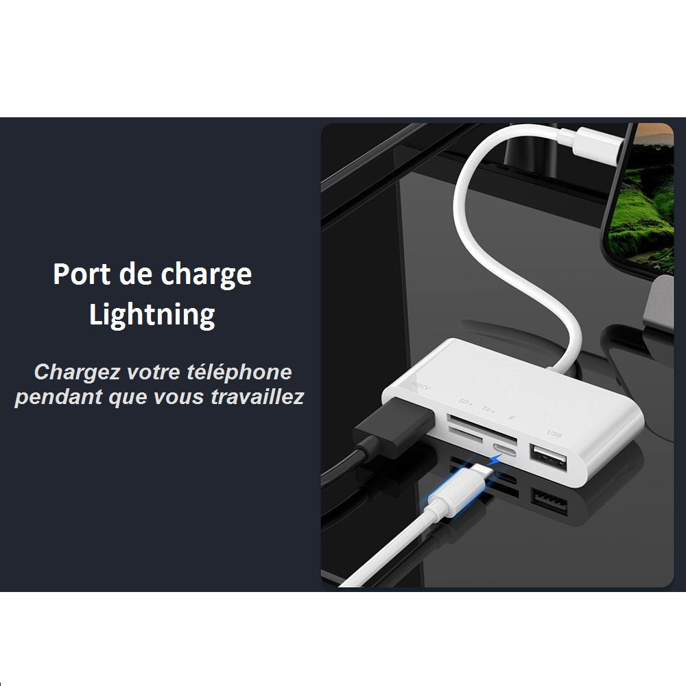 Adaptateur Concentrateur Lightning vers HDMI Full HD 1080P,USB 2.0, Lecteur SD, Lightning Charger 5 en 1