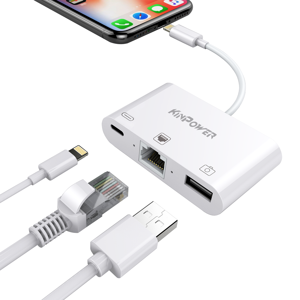 Adaptateur Concentrateur Lightning vers Ethernet RJ-45 avec Port USB OTG et Port de charge Lightning 3 en 1