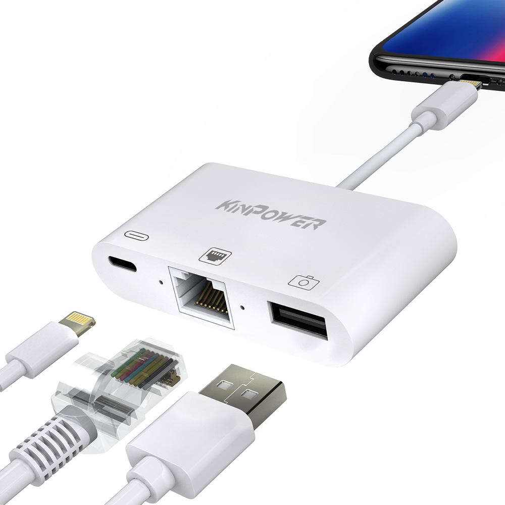 Adaptateur Concentrateur Lightning vers Ethernet RJ-45 avec Port USB OTG et Port de charge Lightning 3 en 1