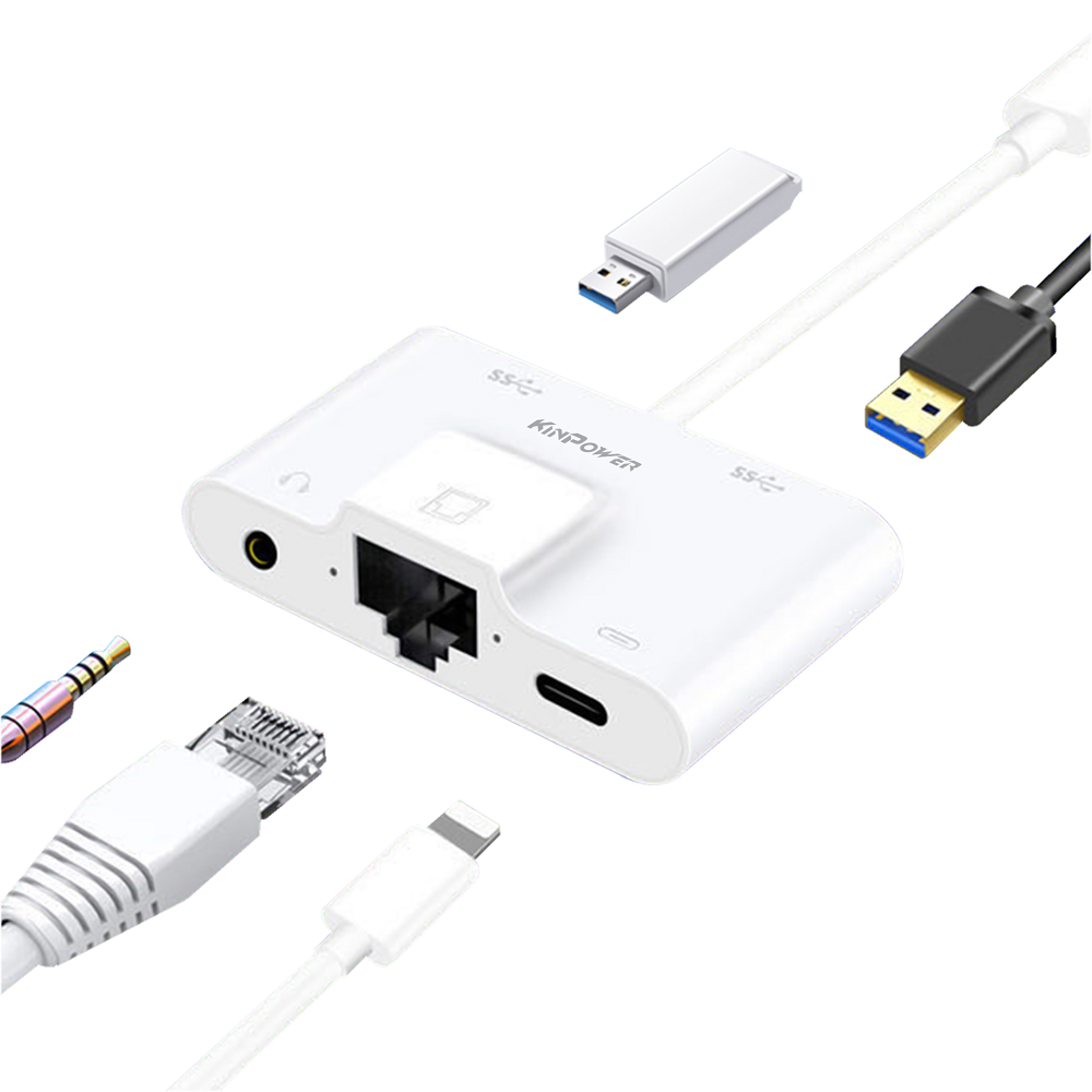 Adaptateur Concentrateur de Lightning vers Ethernet RJ-45 avec Port 3.5 Jack,USB OTG et Port de charge Lightning 4 en 1