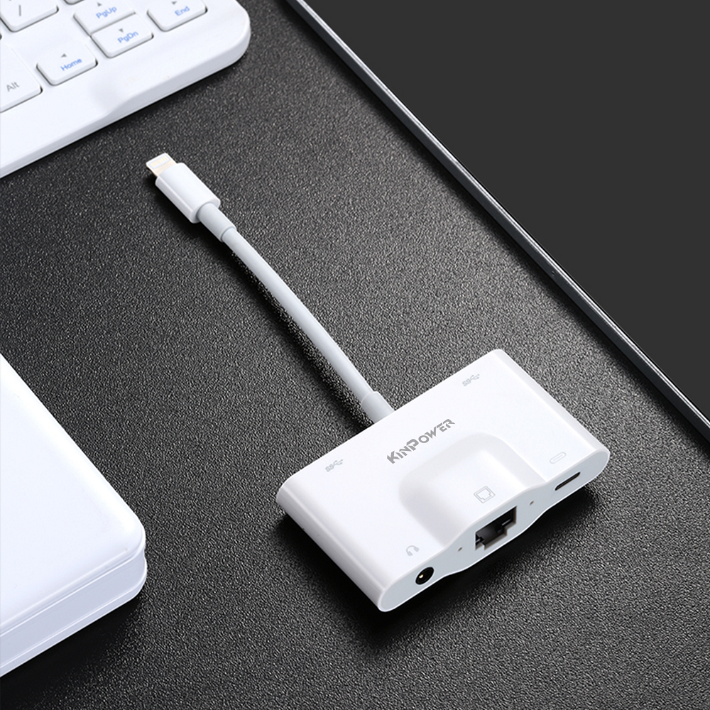 Adaptateur Concentrateur de Lightning vers Ethernet RJ-45 avec Port 3.5 Jack,USB OTG et Port de charge Lightning 4 en 1