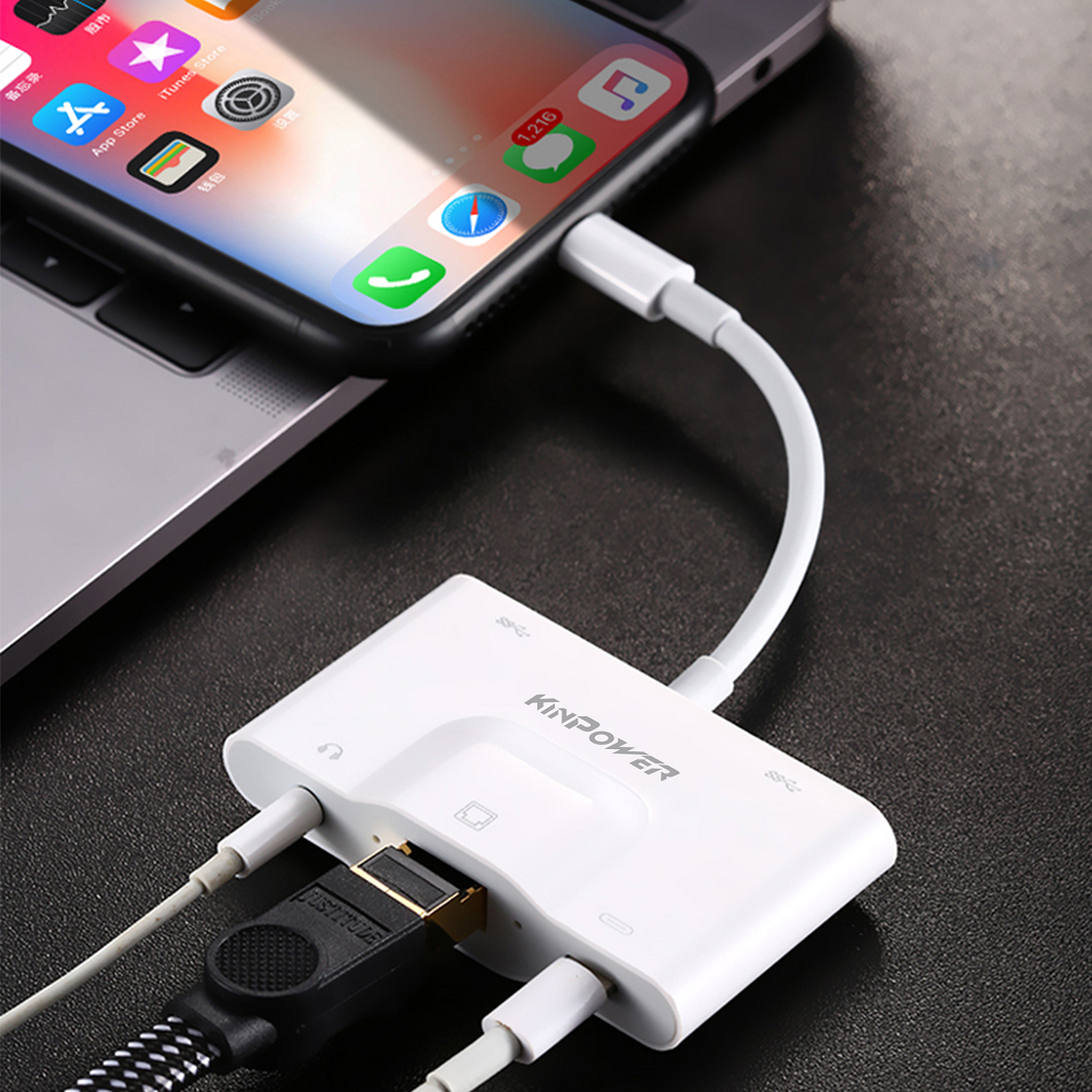 Adaptateur Concentrateur de Lightning vers Ethernet RJ-45 avec Port 3.5 Jack,USB OTG et Port de charge Lightning 4 en 1