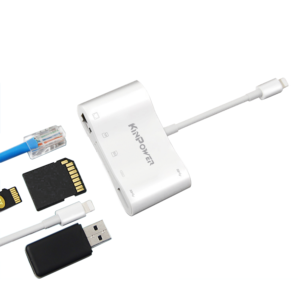 Adaptateur Concentrateur Lightning vers Ethernet RJ-45 avec Port USB OTG SD/TF et Port de Charge Lightning 5 en 1