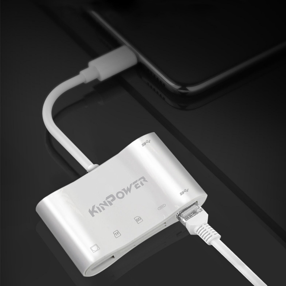 Adaptateur Concentrateur Lightning vers Ethernet RJ-45 avec Port USB OTG SD/TF et Port de Charge Lightning 5 en 1