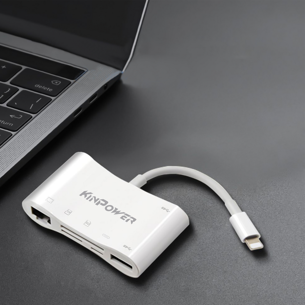 Adaptateur Concentrateur Lightning vers Ethernet RJ-45 avec Port USB OTG SD/TF et Port de Charge Lightning 5 en 1