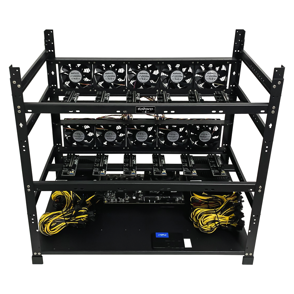 Rig Minage Plateforme Ouverte Sans GPU Avec Alimentation 5200W - 8G Ram - 500G SSD - 10 Fan - Supportant Jusqu'à 12 GPU