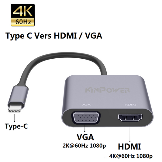 Adaptateur Concentrateur Type C vers VGA & HDMI 4K Full HD à 60Hz 1080P 2 en 1