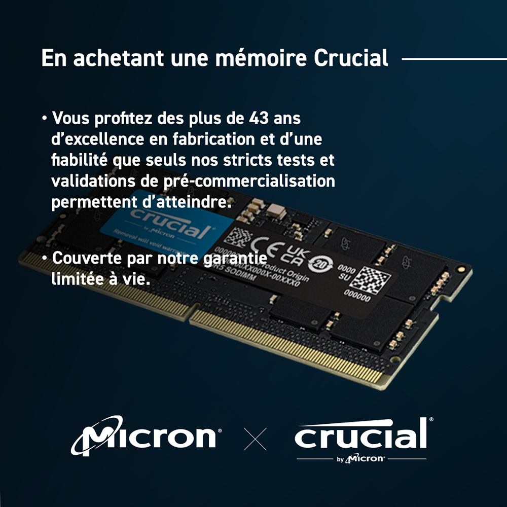 Mémoire So-Dim Crucial 32GB Kit ( 2 x 16GB ) DDR5 4800MHz CL40 1.1v