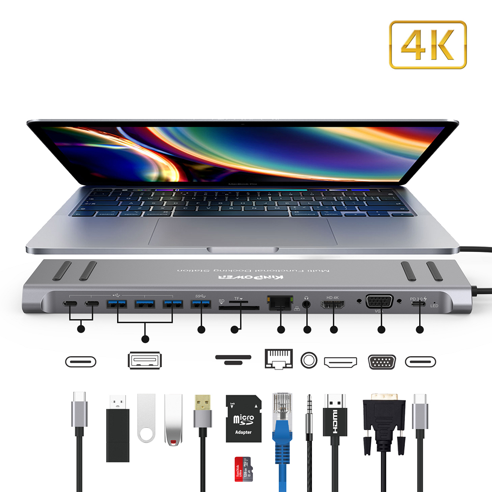 Station d'accueil Concentrateur Type C vers HDMI 4K, VGA, USB C,USB A 3.0, Lecteur SD/TF, RJ-45,Audio 3.5mm 12 en 1