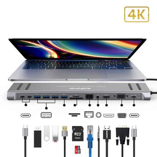Station d'accueil Concentrateur Type C vers HDMI 4K, VGA, USB C,USB A 3.0, Lecteur SD/TF, RJ-45,Audio 3.5mm 12 en 1