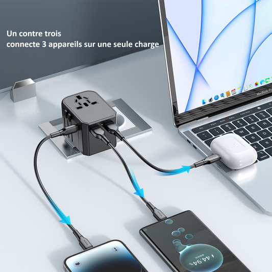 Adaptateur de Voyage Prises Internationnal avec 1 USB C PD et 2 USB A