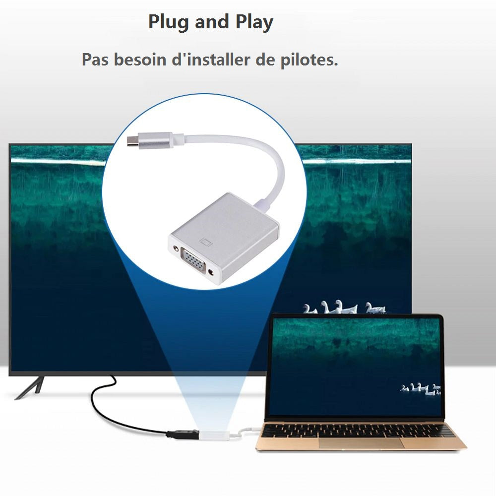 Kinpower Adaptateur convertisseur Type-C vers VGA 1920 x 1200 à 60Hz 1080P