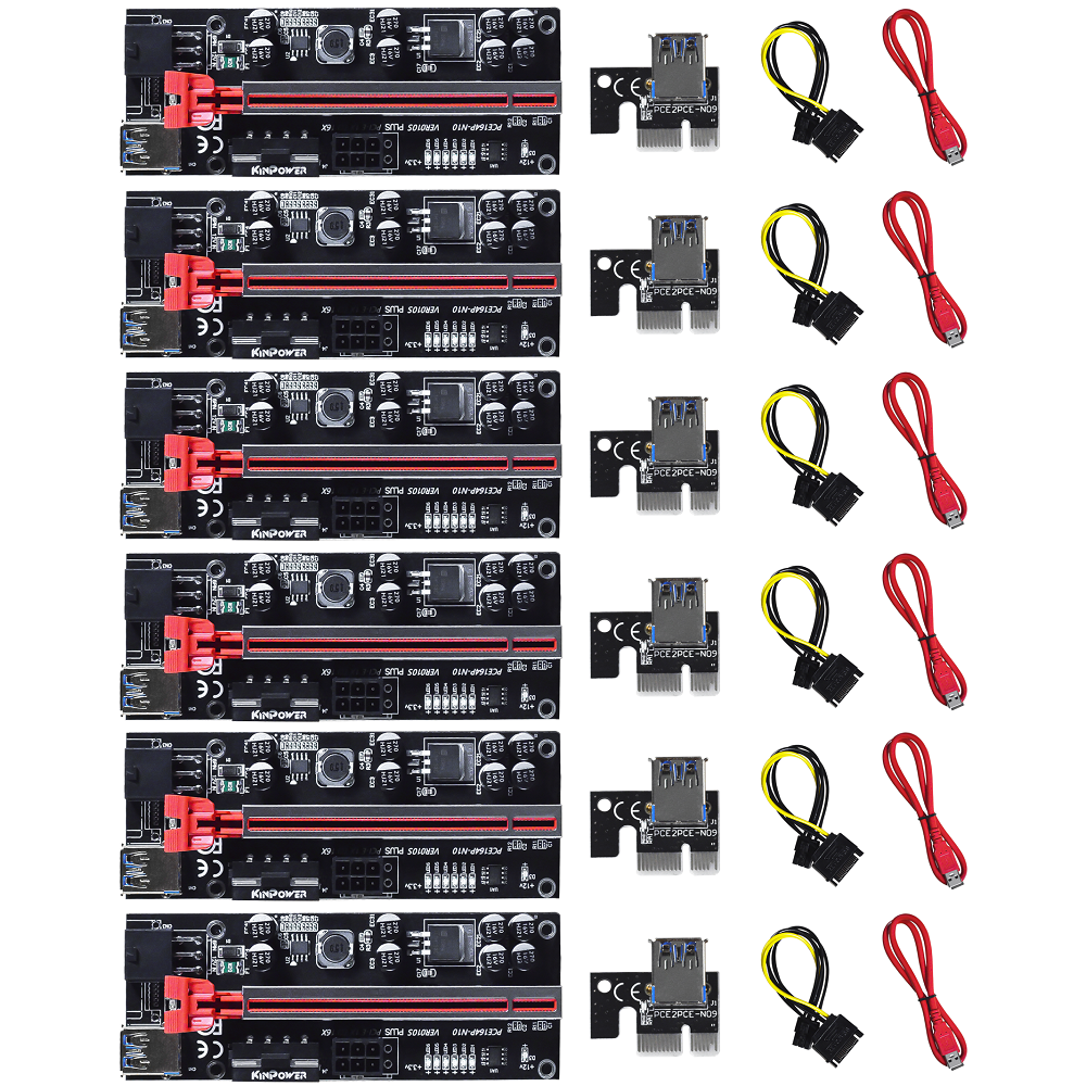 Lot de 6 Cartes Riser PCI-Express VER010S 16x à 1x Extension Graphique Dual-6pin Molex