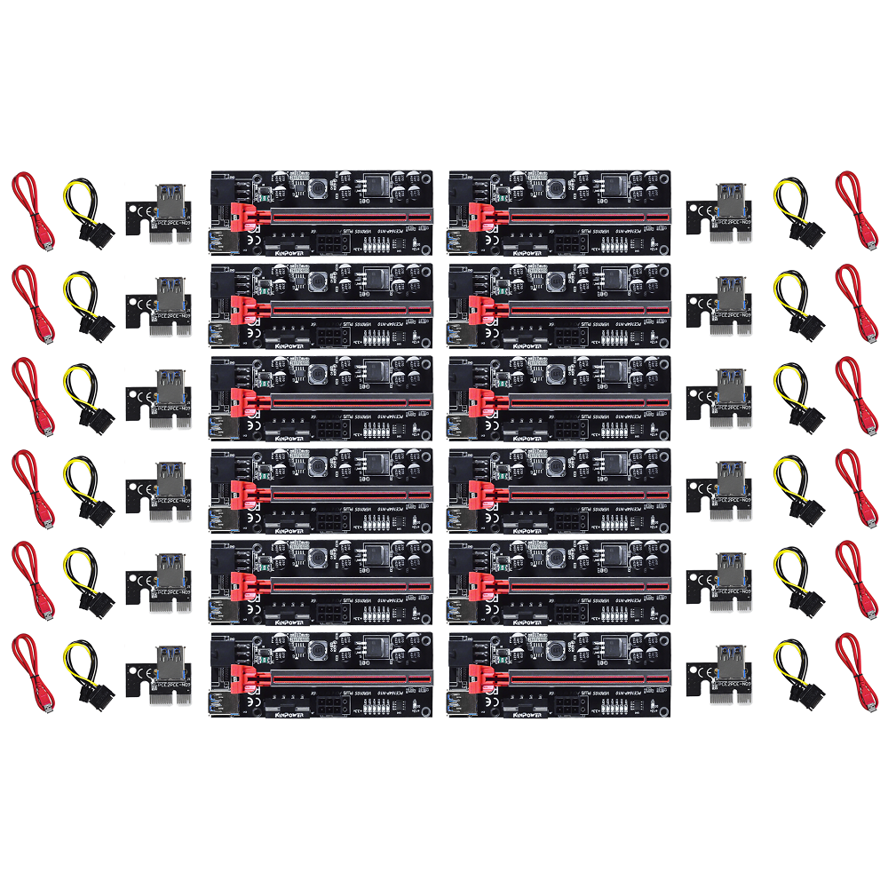 Lot de 12 Cartes Riser PCI-Express VER010S 16x à 1x Extension Graphique Dual-6pin Molex