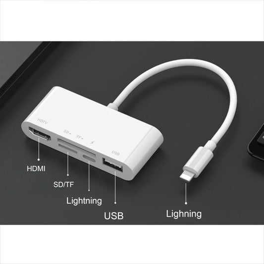 Adaptateur Concentrateur Lightning vers HDMI Full HD 1080P,USB 2.0, Lecteur SD, Lightning Charger 5 en 1