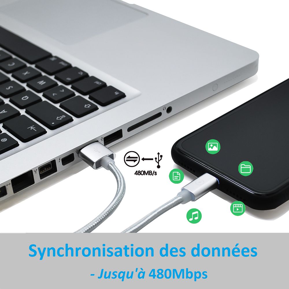 Kinpower Câble USB Lightning Mâle vers USB A Mâle 5V-2.4A 12W PD 1.2M