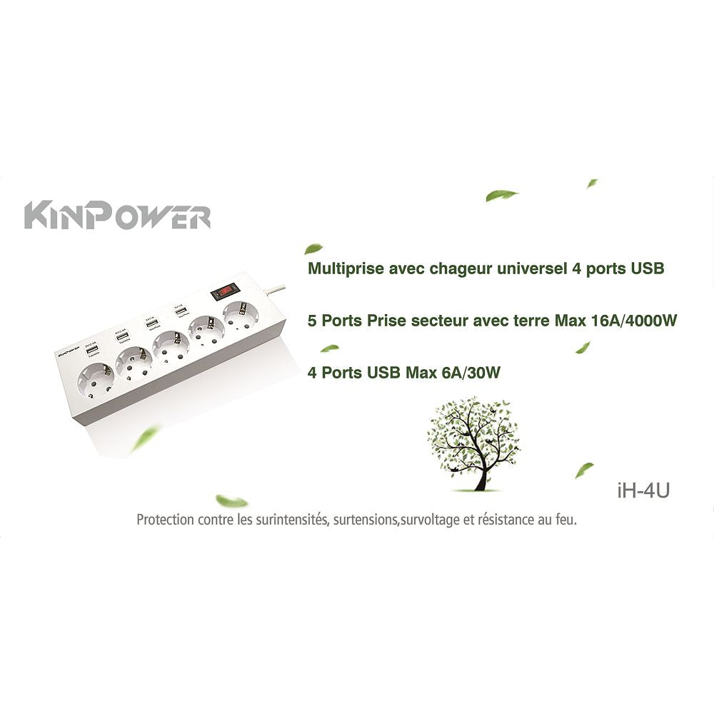 Multiprise parasurtenseurs 5 prises 4 USB avec interrupteur