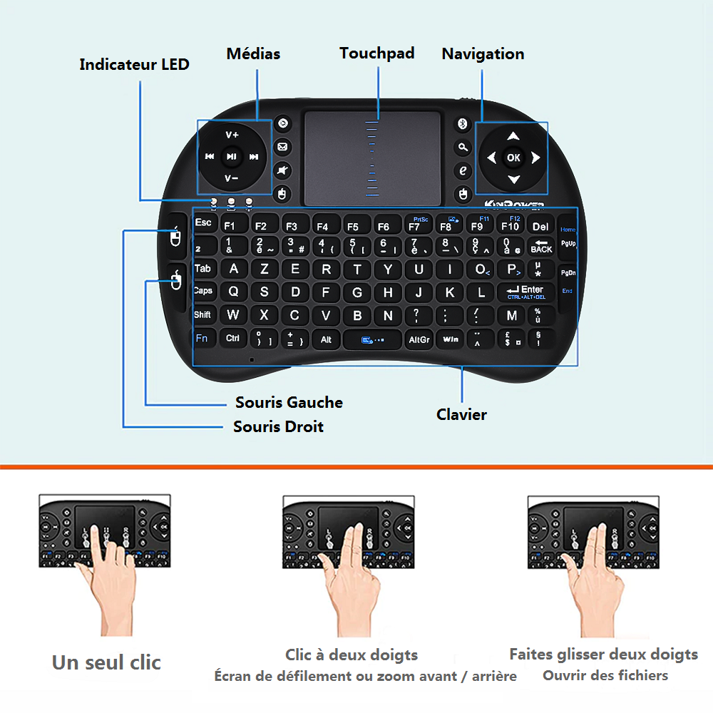 Clavier Azerty Kinpower Mini Sans Fil avec Touchpad Multi-fonctions en Batterie Rechargeable