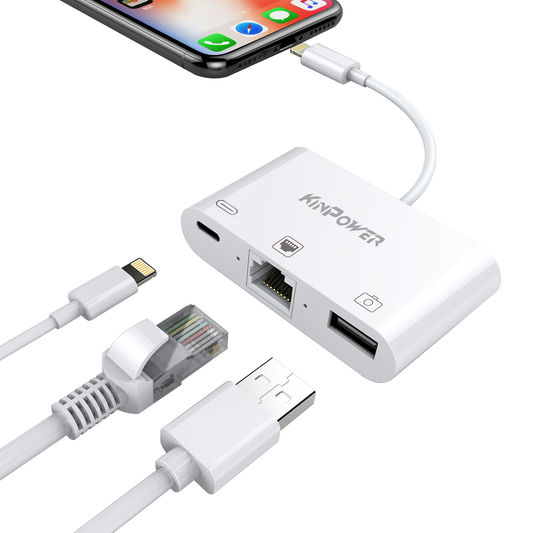 Adaptateur Concentrateur Lightning vers Ethernet RJ-45 avec Port USB OTG et Port de charge Lightning  3 en 1