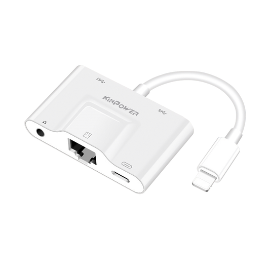 Adaptateur Concentrateur de Lightning vers Ethernet RJ-45 avec Port 3.5 Jack，USB OTG et Port de charge Lightning 4 en 1