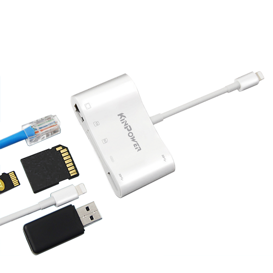 Adaptateur Concentrateur Lightning vers Ethernet RJ-45 avec Port USB OTG SD/TF et Port de Charge Lightning 5 en 1